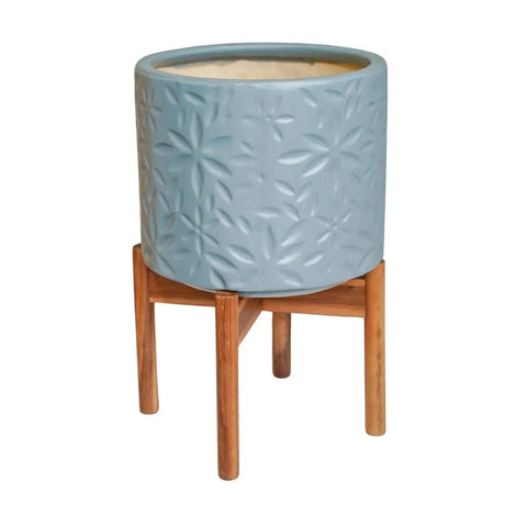 Aspen Flower Planter in Dusty Blue with Wooden Stand - Sprouts of Bristol