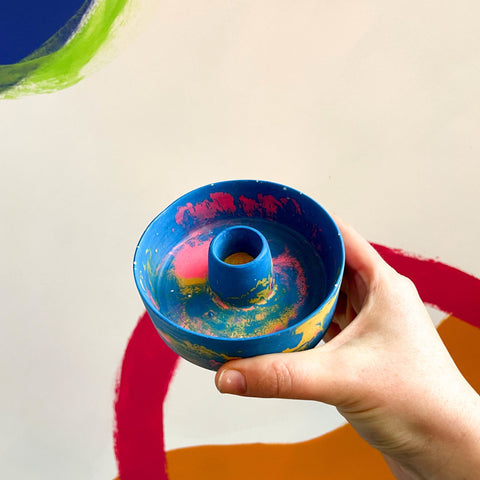 Bright Blue, Pink and Yellow Abstract Jesmonite Candle Basin Holder - Sprouts of Bristol